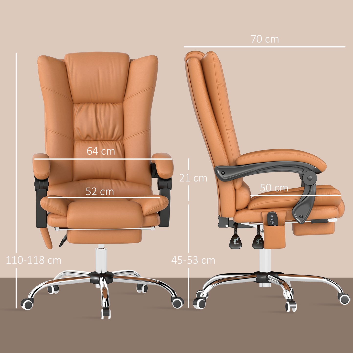 Vinsetto High Back Vibration Massage Office Chair, Heated Reclining PU Leather Computer Chair with 135Â° Reclining Back and Footrest, Light Brown