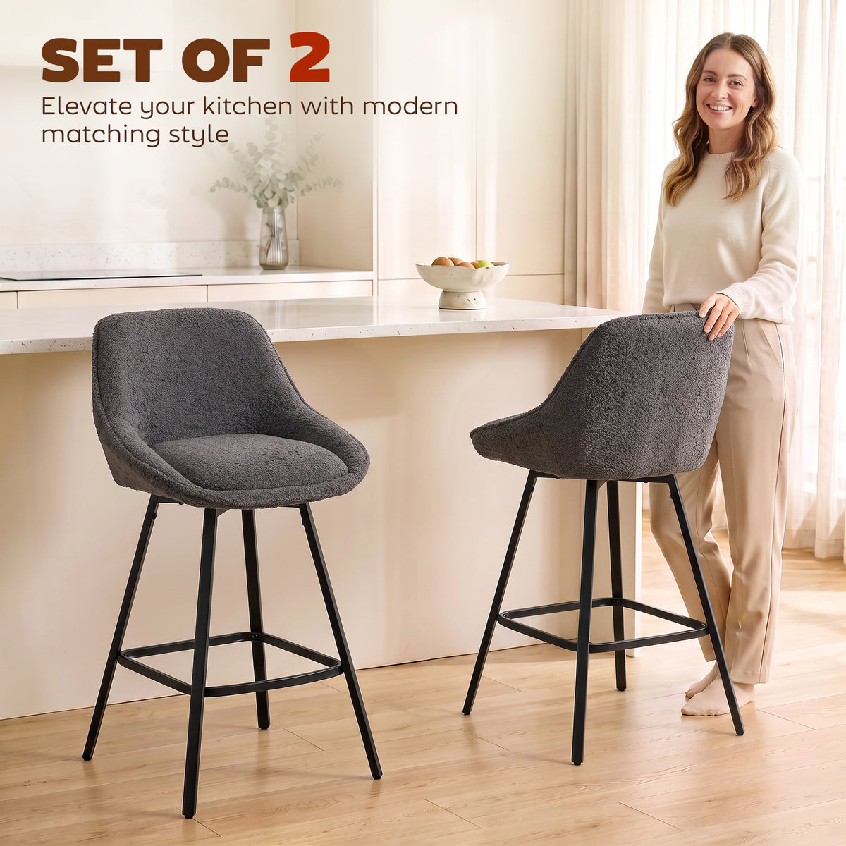 HOMCOM Bar Stools Set of 2, 64 cm Modern Linen-Touch Fabric 360Â° Swivel Counter Height Bar Chairs, Dark Grey