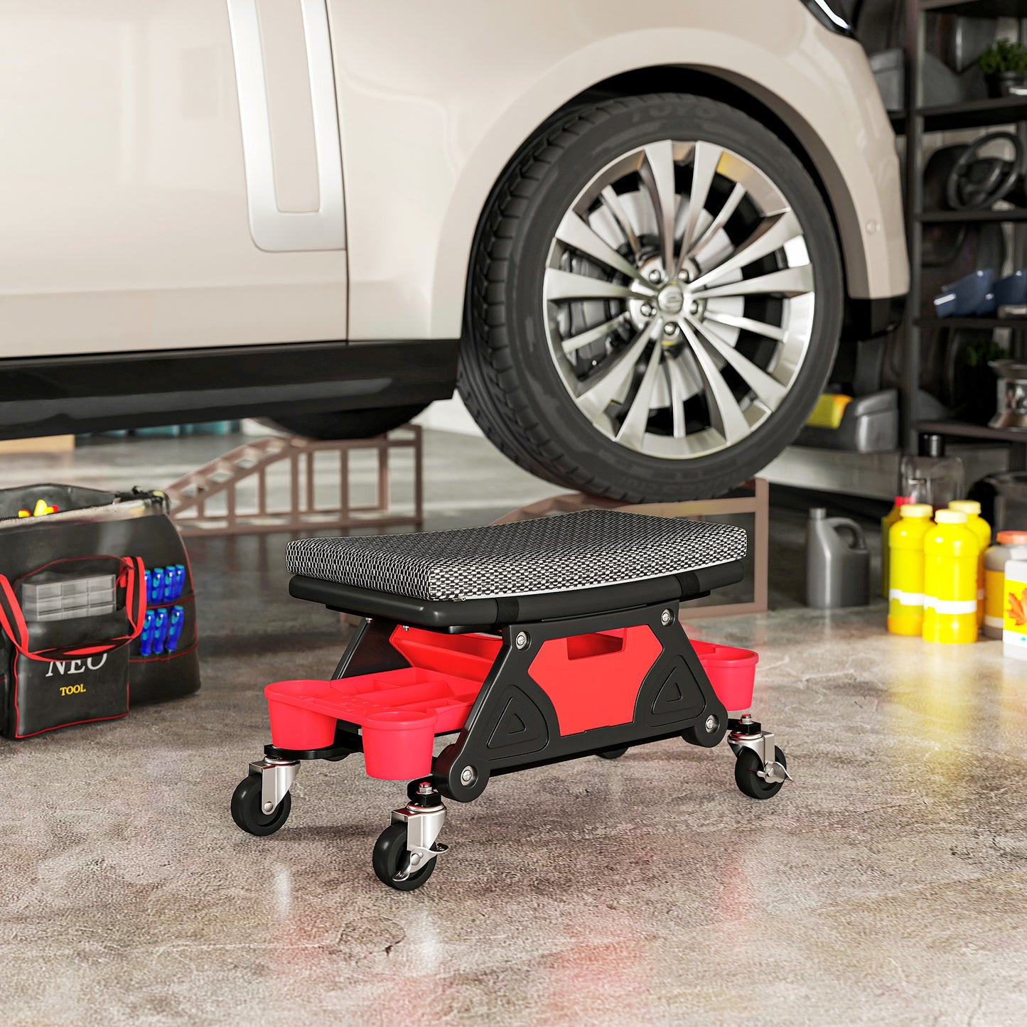 HOMCOM Rolling Mechanic Stool, 135kg Capacity Workshop Stool, 360° Swivel Roller Padded Creeper Seat with Wheels, Slide Out Tool Trays and Drawer for Garage, Shop, Auto Repair, Black