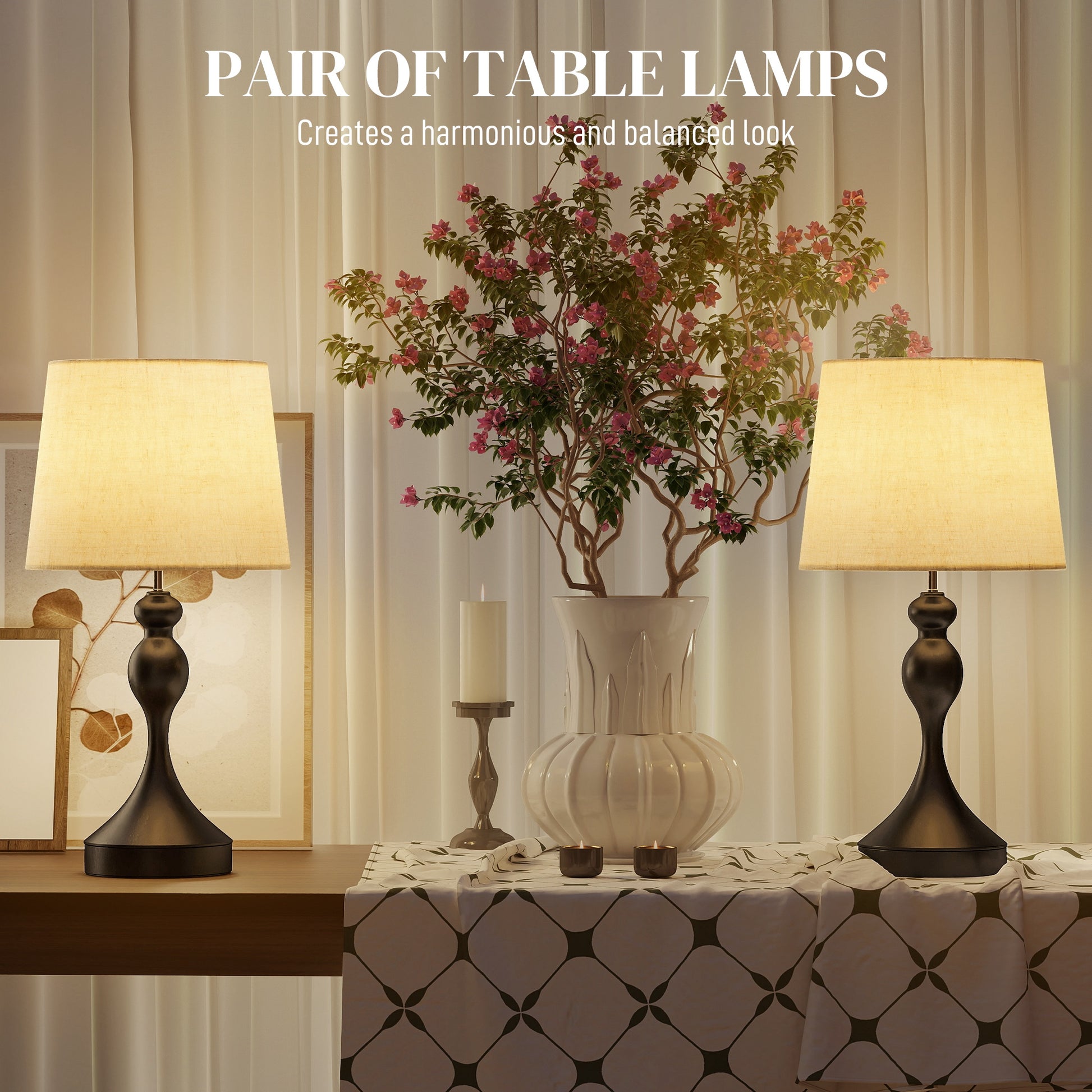 HOMCOM Set of Two Three-Colour Lamps, with USB Ports - Black/Beige