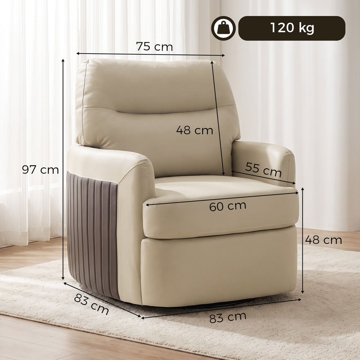 HOMCOM 360Â° Swivel Accent Chair, Modern Armchair with Thick Cushion, PU Leather Upholstered, Cream White