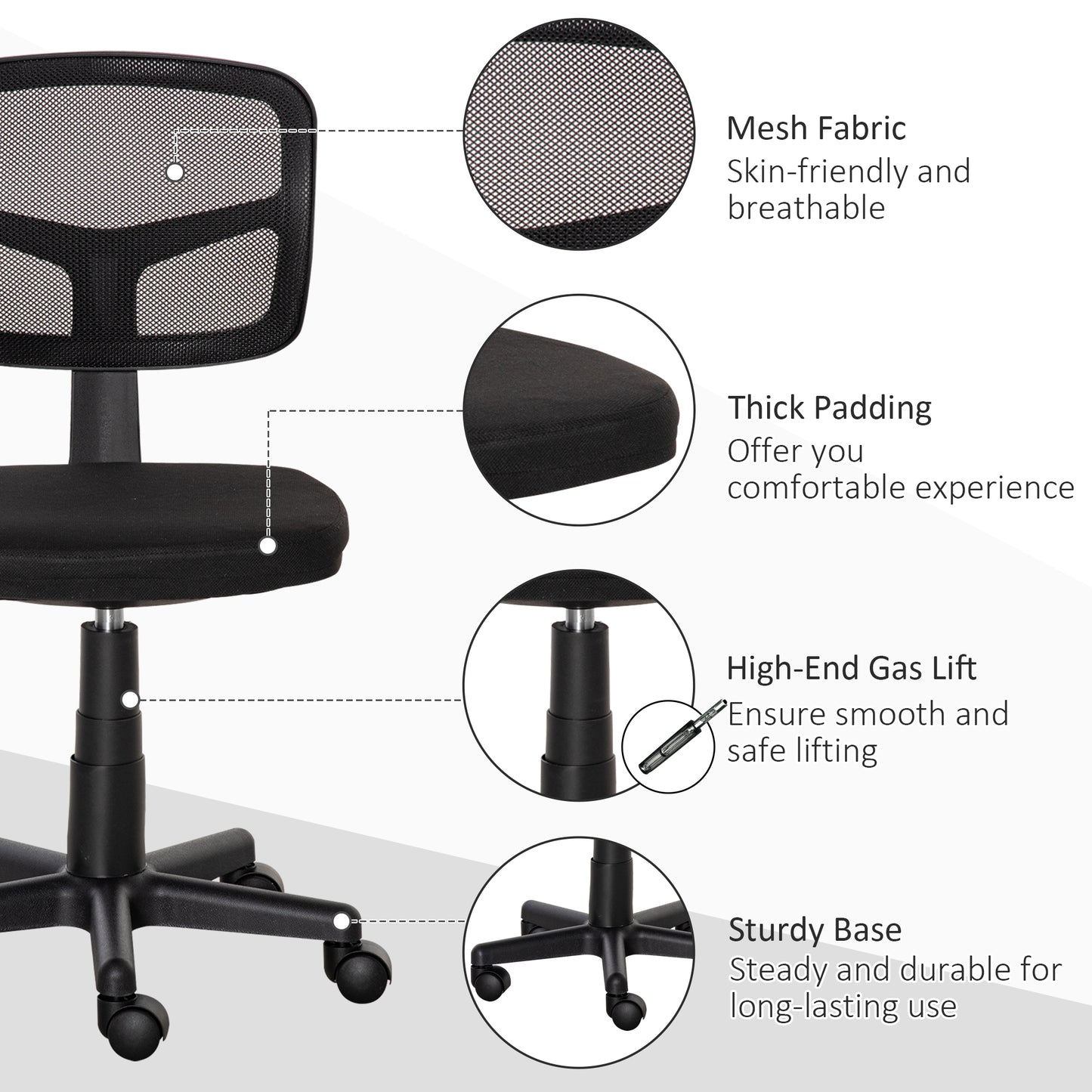 Vinsetto Small Office Chair without Arms, Ergonomic Swivel Mesh Desk Chair with Curved Back and Wheels, Height Adjustable, for Home Vanity Computer Dressing Table Study Bedroom, Holds Up to 120 kg