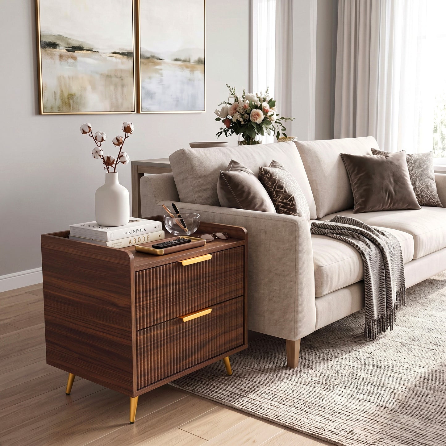 HOMCOM Elegant Two-Drawer Bedside Table - Walnut Brown