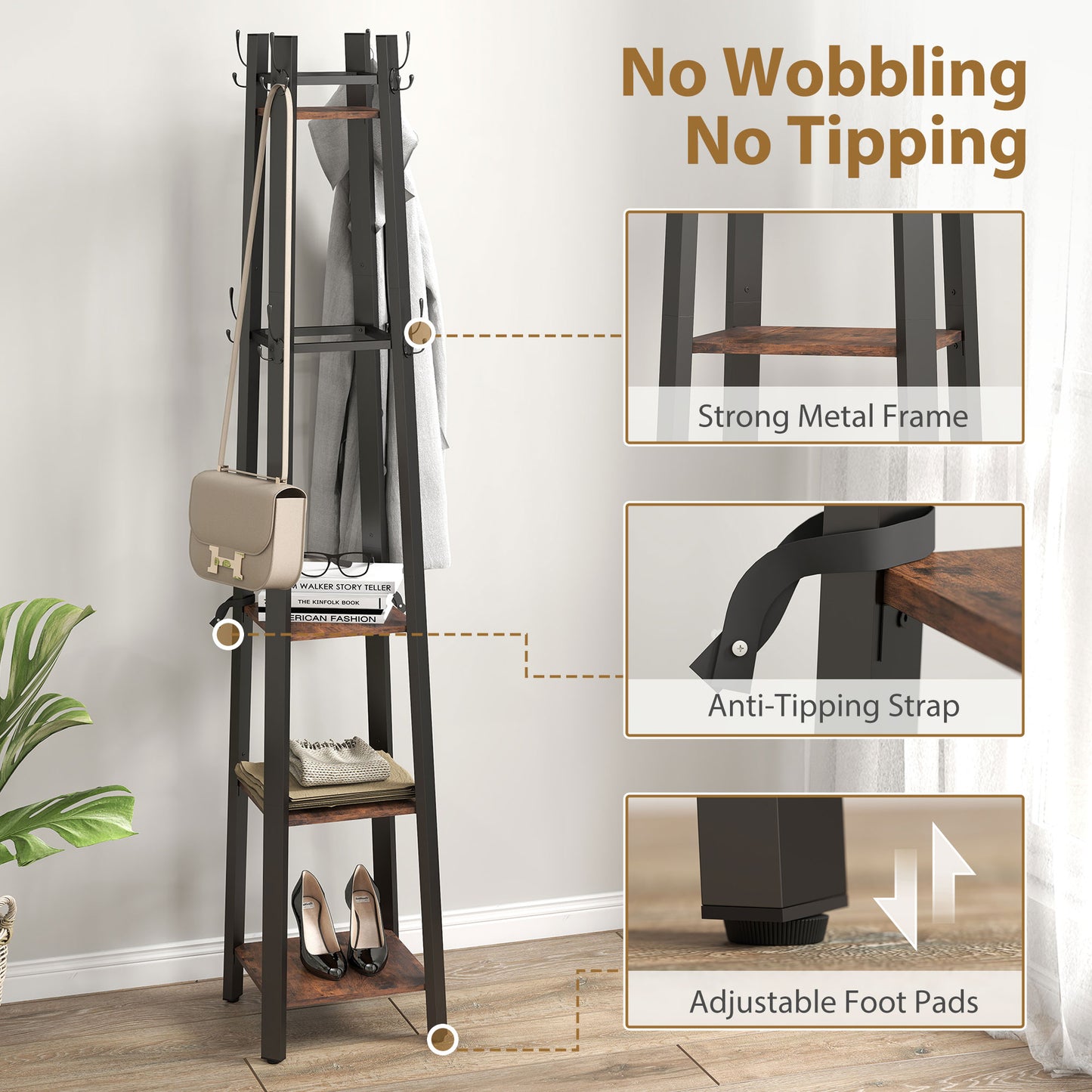 HOMCOM Industrial-Style Four Shelf Coat Stand - Brown/Black