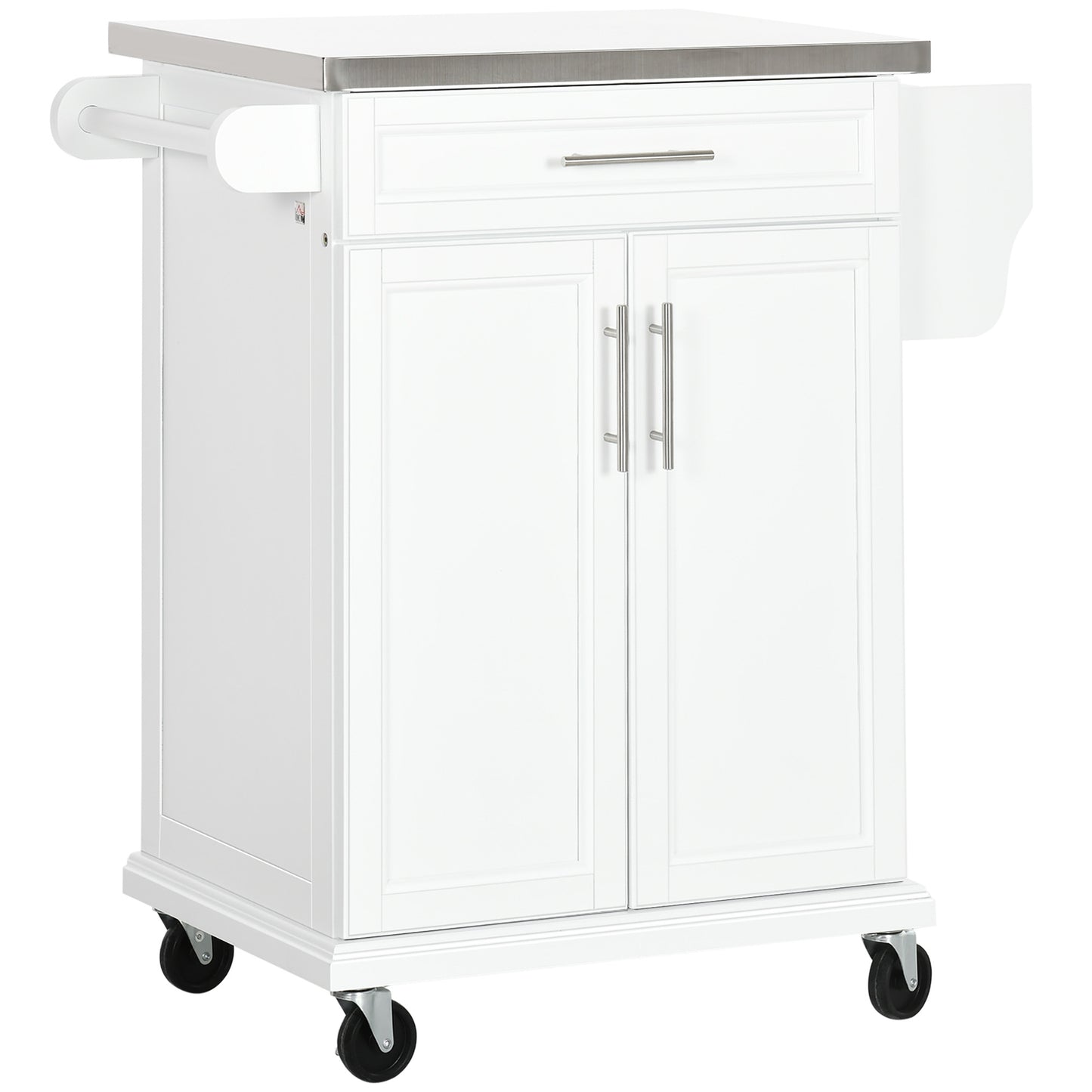HOMCOM Wooden Kitchen Island on Wheels, Serving Cart Storage Trolley with Stainless Steel Top, Drawer, Side Handle and Rack, White Default Title