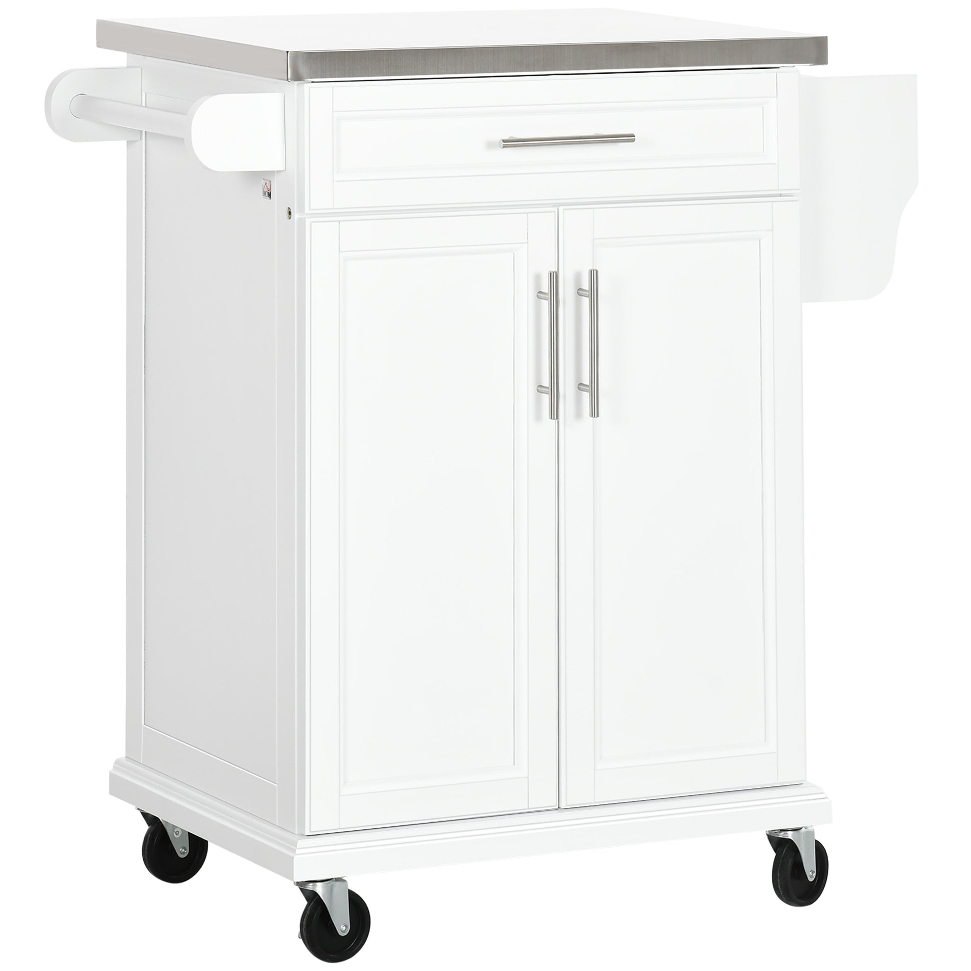 HOMCOM Wooden Kitchen Island on Wheels, Serving Cart Storage Trolley with Stainless Steel Top, Drawer, Side Handle and Rack, White Default Title