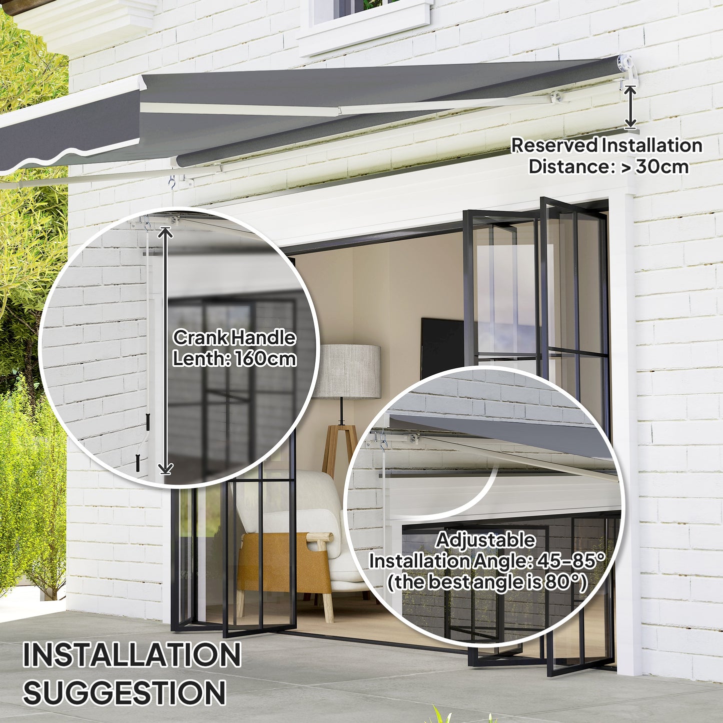 Outsunny 2 x 2.5m Manual Retractable Awning - Dark Grey