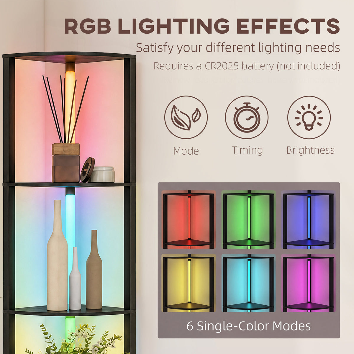 HOMCOM RGB LED Floor Lamp with Shelves, 4-Tier Dimmable Standing Lamp with Adjustable Brightness and Remote Control, Black