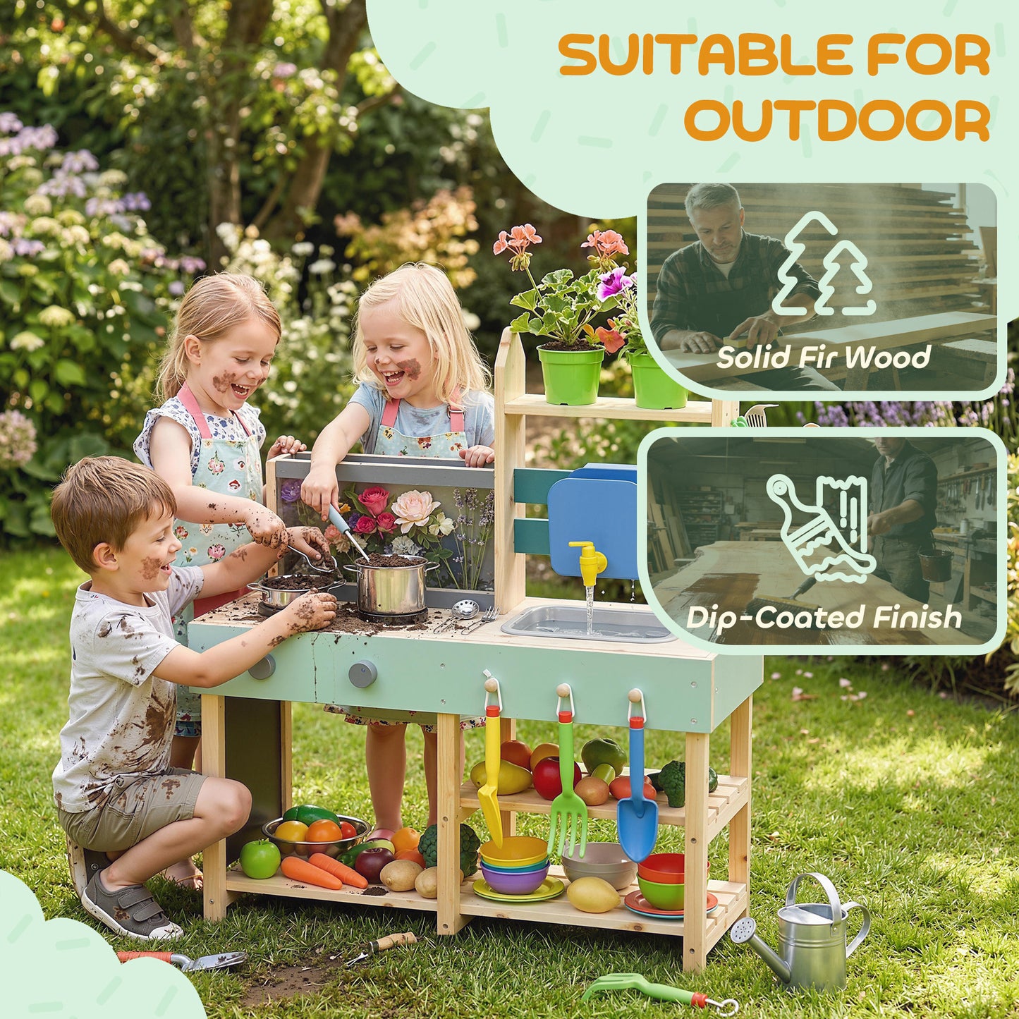 AIYAPLAY Mud Kitchen with Working Faucet, Kids Play Kitchen with Flower Pots, Kitchen Accessories, Planting Tools, Blue