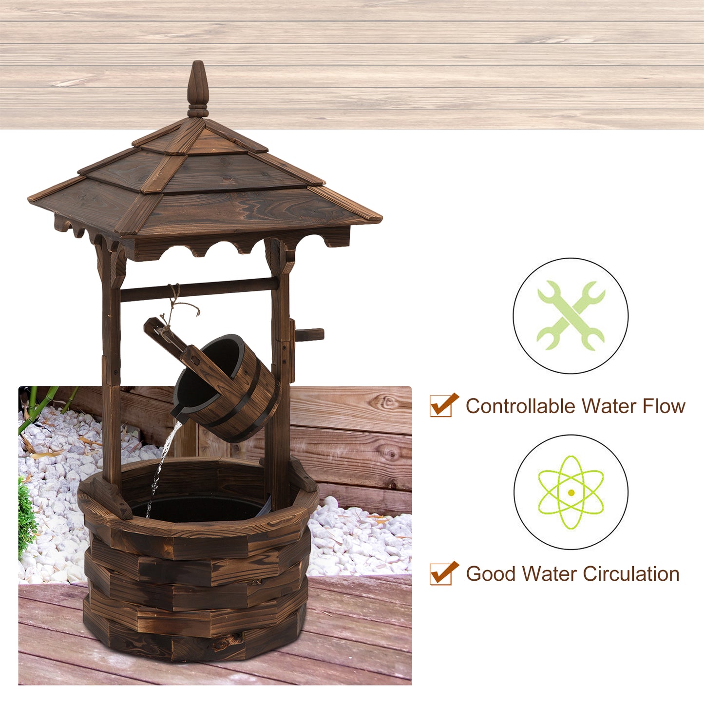 Outsunny Wooden Garden Wishing Well Fountain Barrel Waterfall Rustic Wood with Pump Garden DÃ©cor Ornament