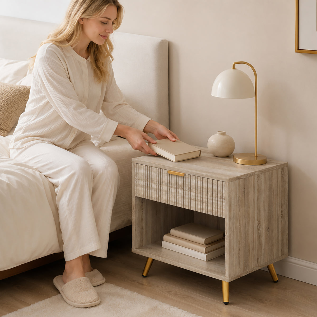 HOMCOM Bedside Table with Drawer and Open Compartment, Nightstand with Handle for Bedroom, Living Room, Natural Wood Finish
