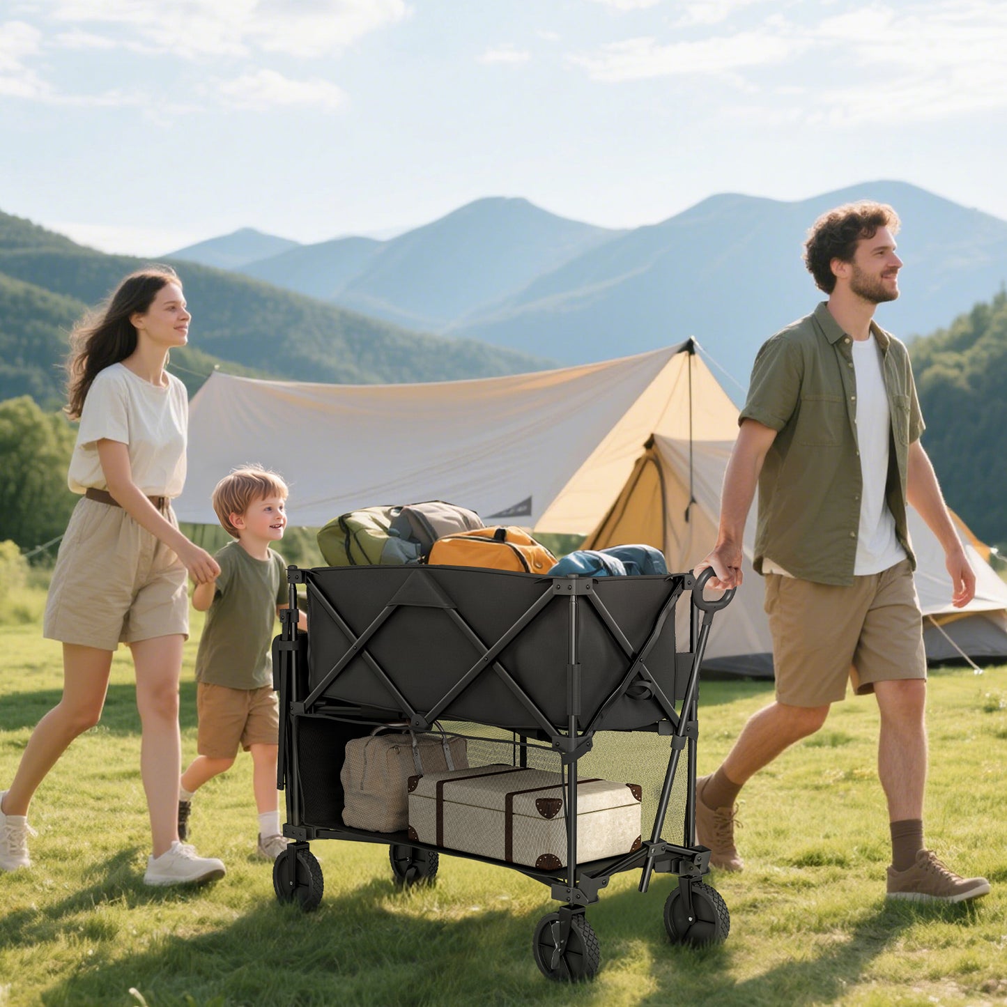 Outsunny Double Decker Folding Festival Trolley on Wheels, 200KG & 350L Capacity Collapsible Wagon Festival Trolley Cart with 134cm Extended for Camping Sports Shopping Garden and Beach, Black