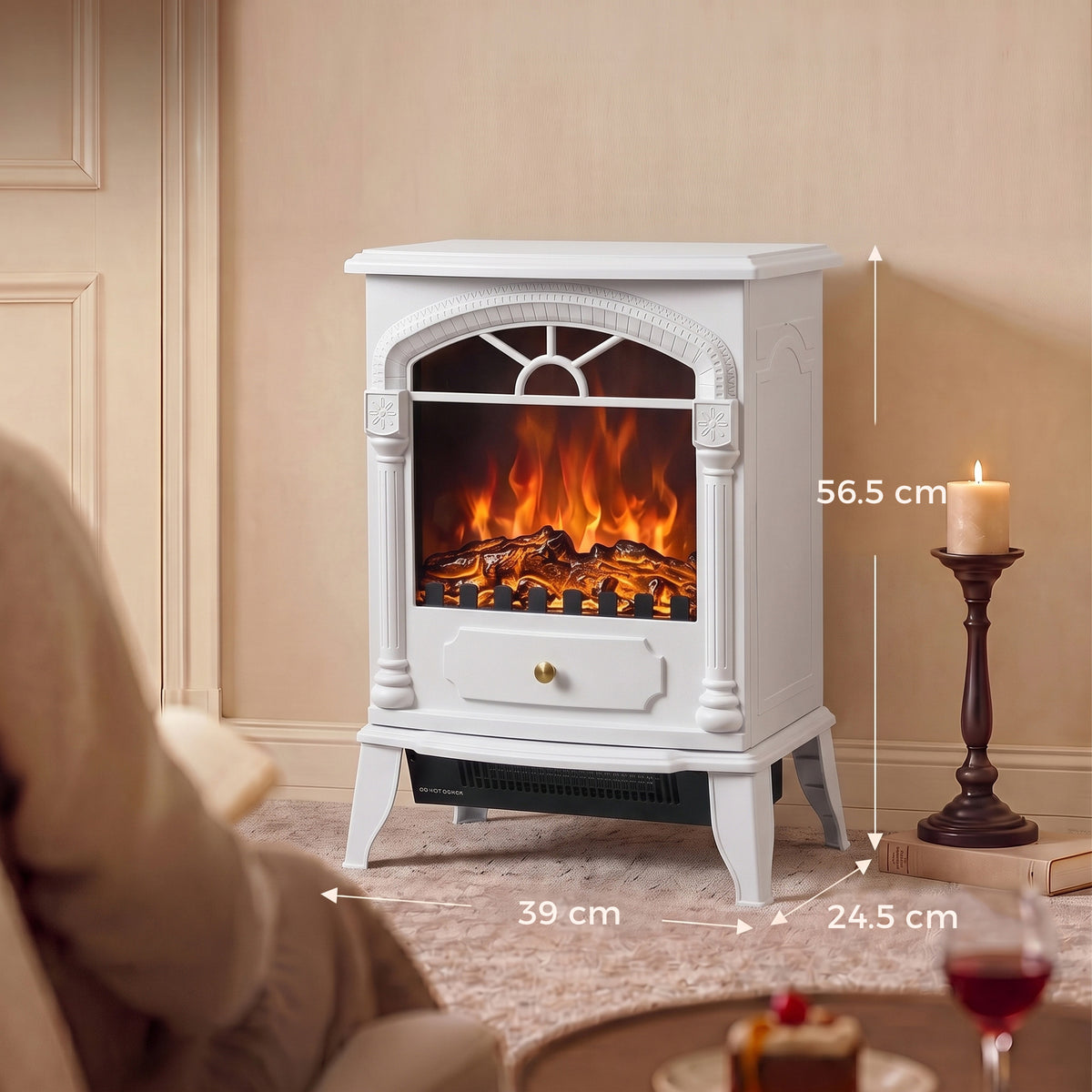 HOMCOM Freestanding Portable Fireplace, Electric Fireplace Stove Heater with 3D Flame Effect and Adjustable Thermostat, White