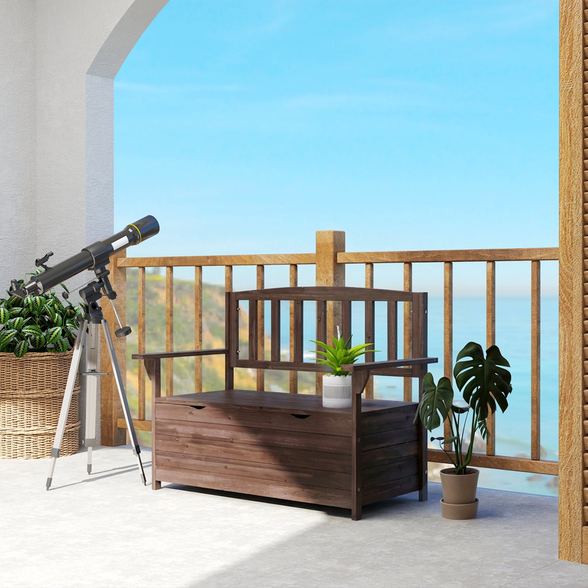 Outsunny Outdoor 2 Seater Garden Bench, Wooden Bench with Storage, Backrest, Arm Rests, 112 x 84 x 58 cm, Brown