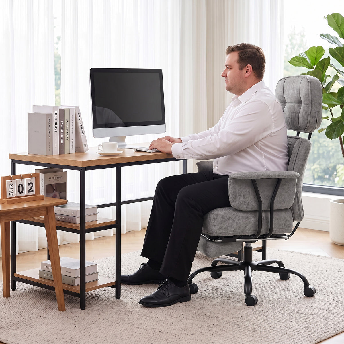 HOMCOM Office Chair, Big and Tall Desk Chair with Footrest, Wide Seat, Leathaire, Reclining Back, Swivel Wheels, Grey