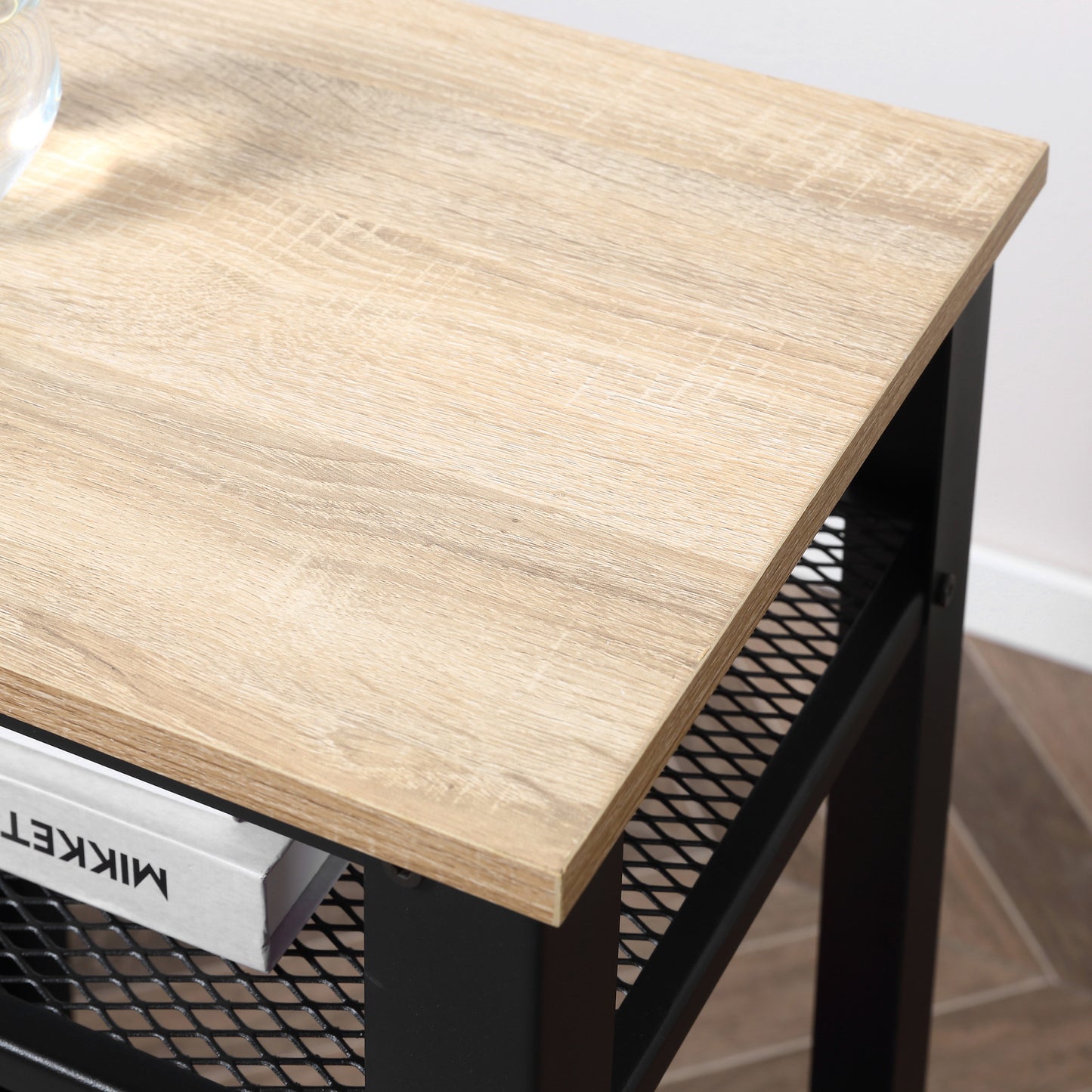 HOMCOM Tall Side Table Set of 2 with 3 Layer, 2 Shelves Storage Display Industrial-Style, Metal Frame, Bedside End Table for Living Room Bedroom, Oak and Black