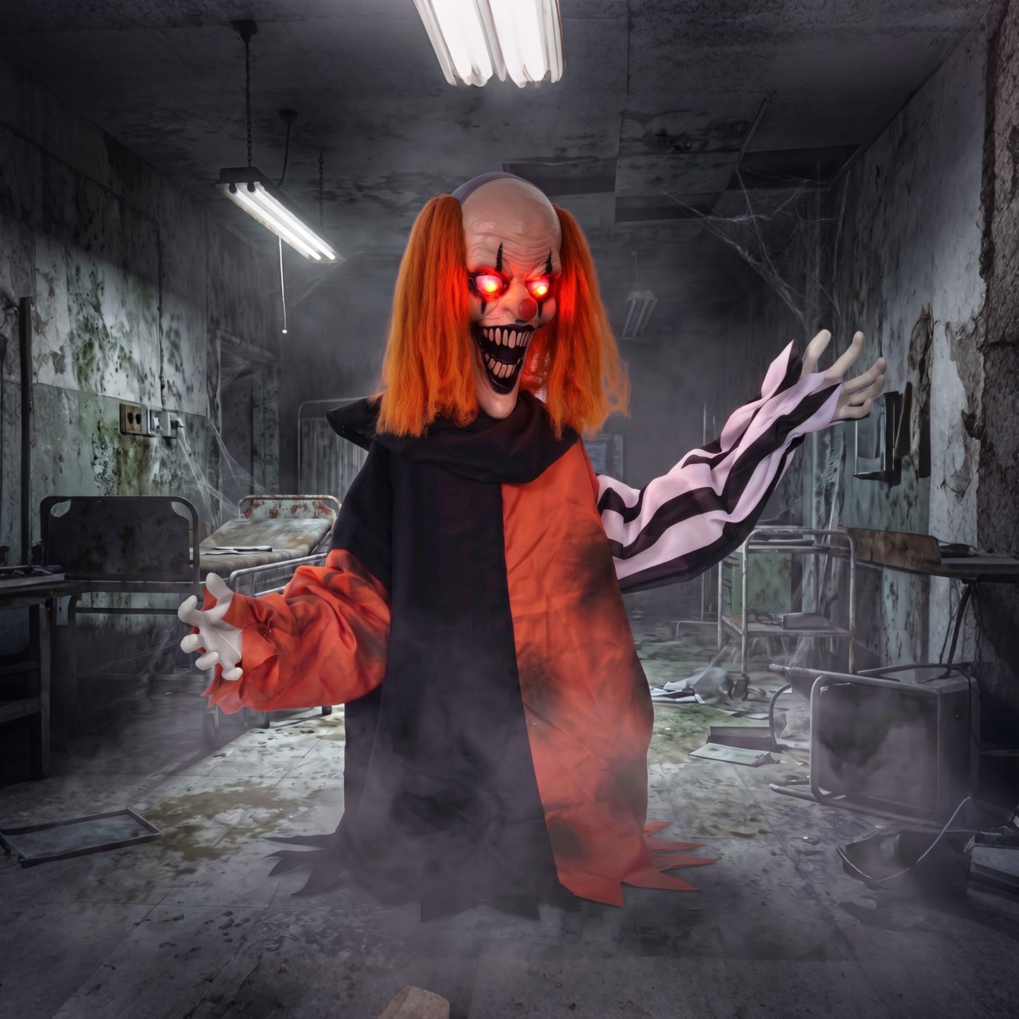 HOMCOM Animated Halloween Face Changing Clown, Animatronic Joker with Cackling Sound, Glowing Eyes, Sound/Touch Activated