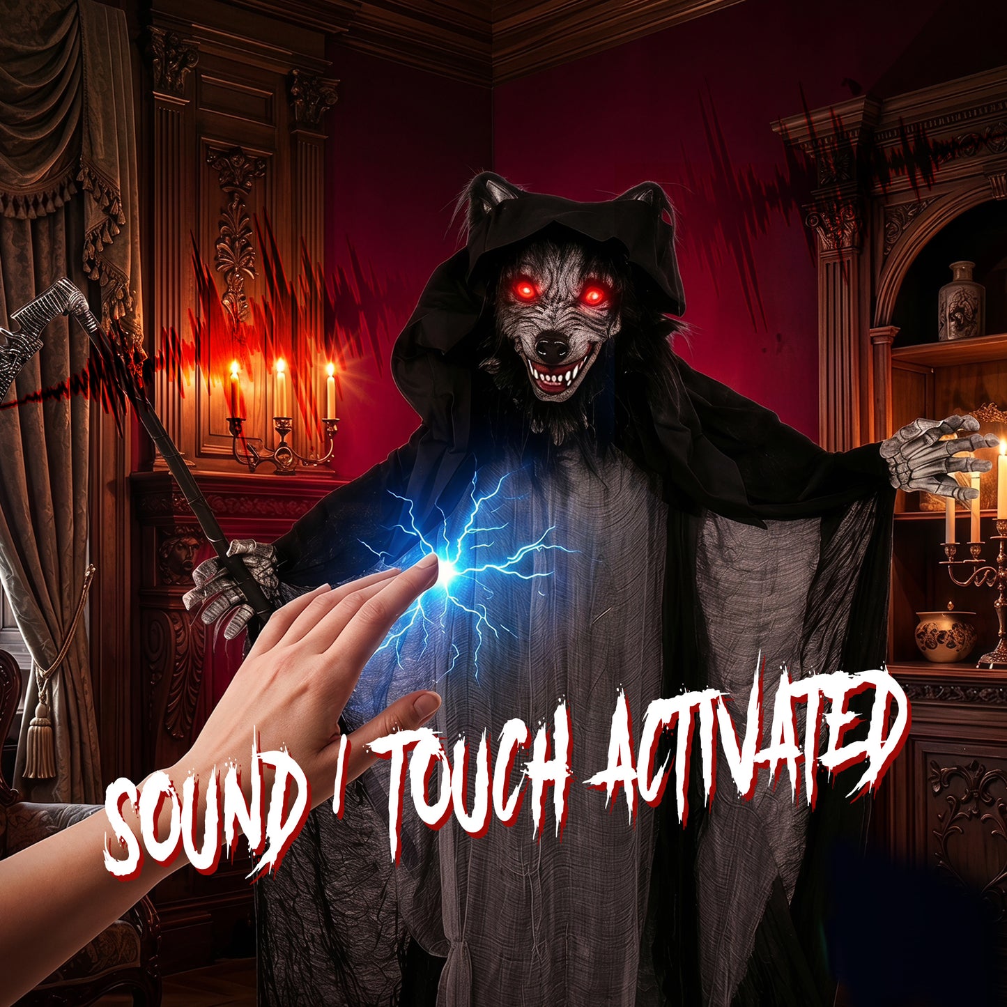 HOMCOM Halloween Standing Werewolf Animated Decoration with Light-Up Eyes, Sound and Touch Activated