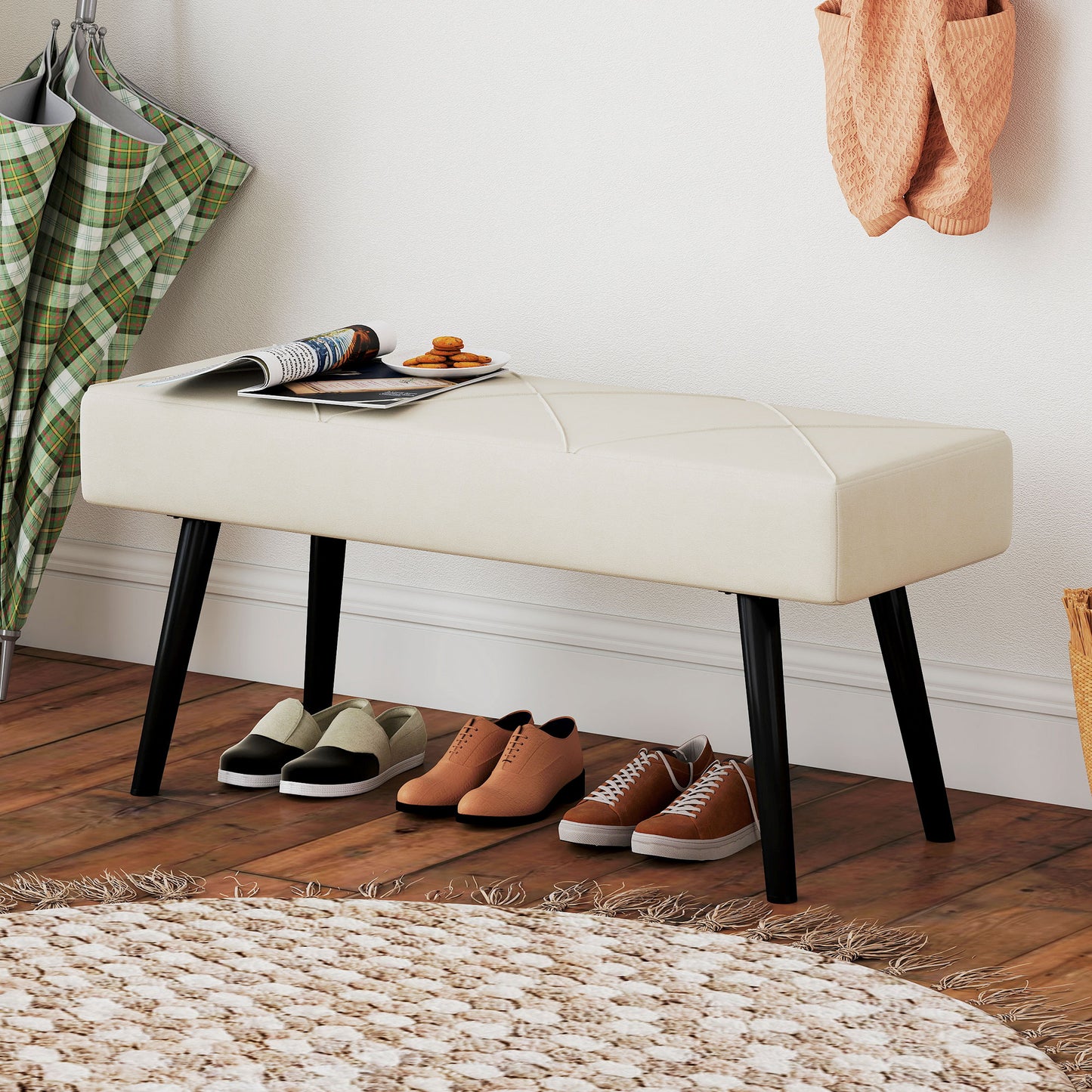 HOMCOM Upholstered Hallway Bench, End of Bed Bench with X-Shape Design and Steel Legs, Cream