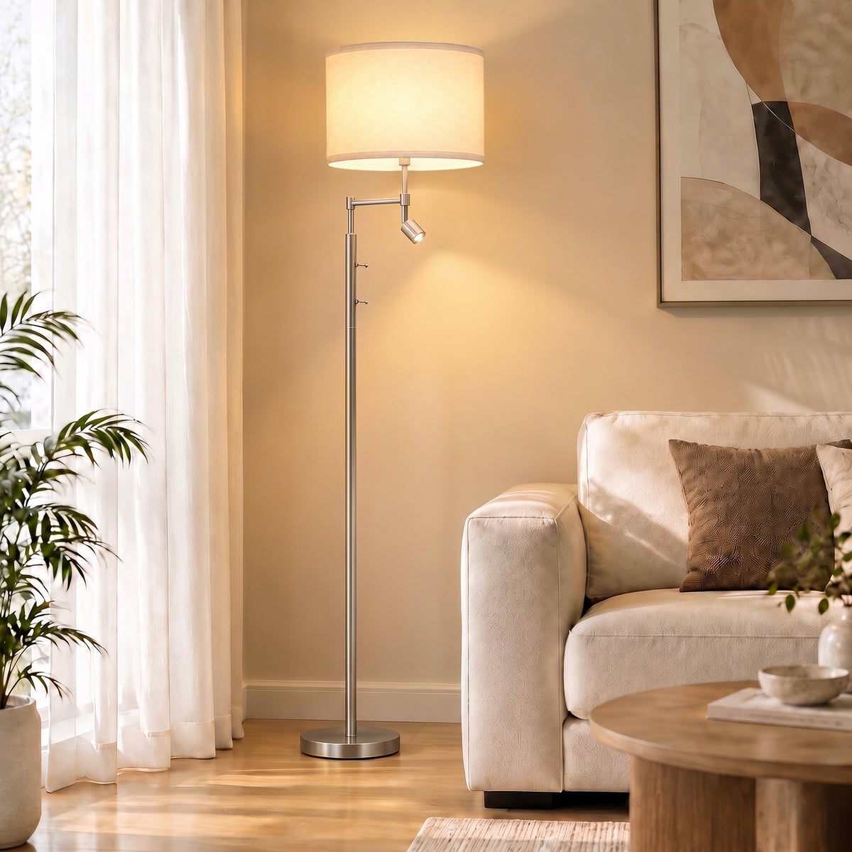HOMCOM Modern Floor Lamp with Built-In Reading Light, Standing Lamp with Independent Switch, Satin Nickel