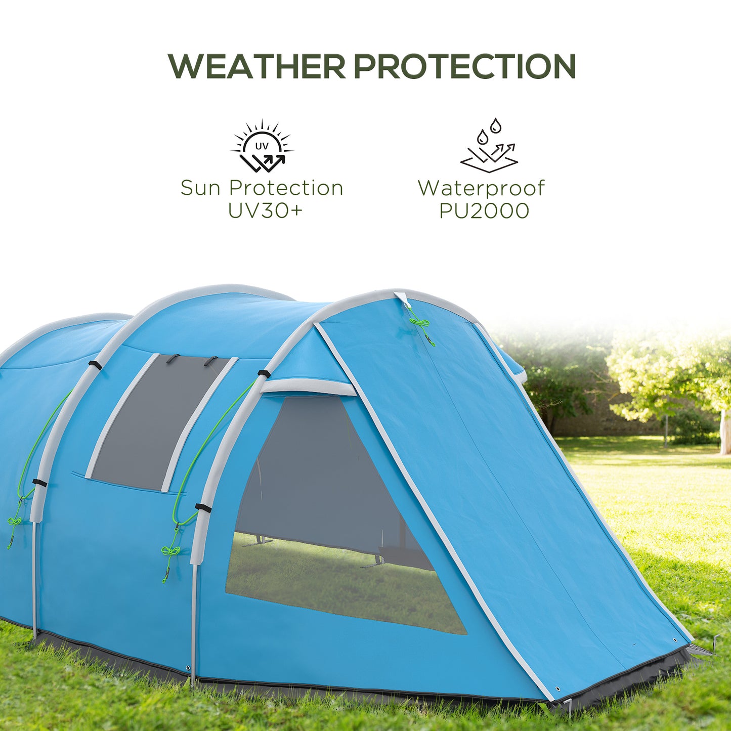 Outsunny 3-4 Man Tunnel Tent, Two Room Camping Tent with Windows, Portable Carry Bag, for Fishing, Hiking, Sports, Festival - Blue