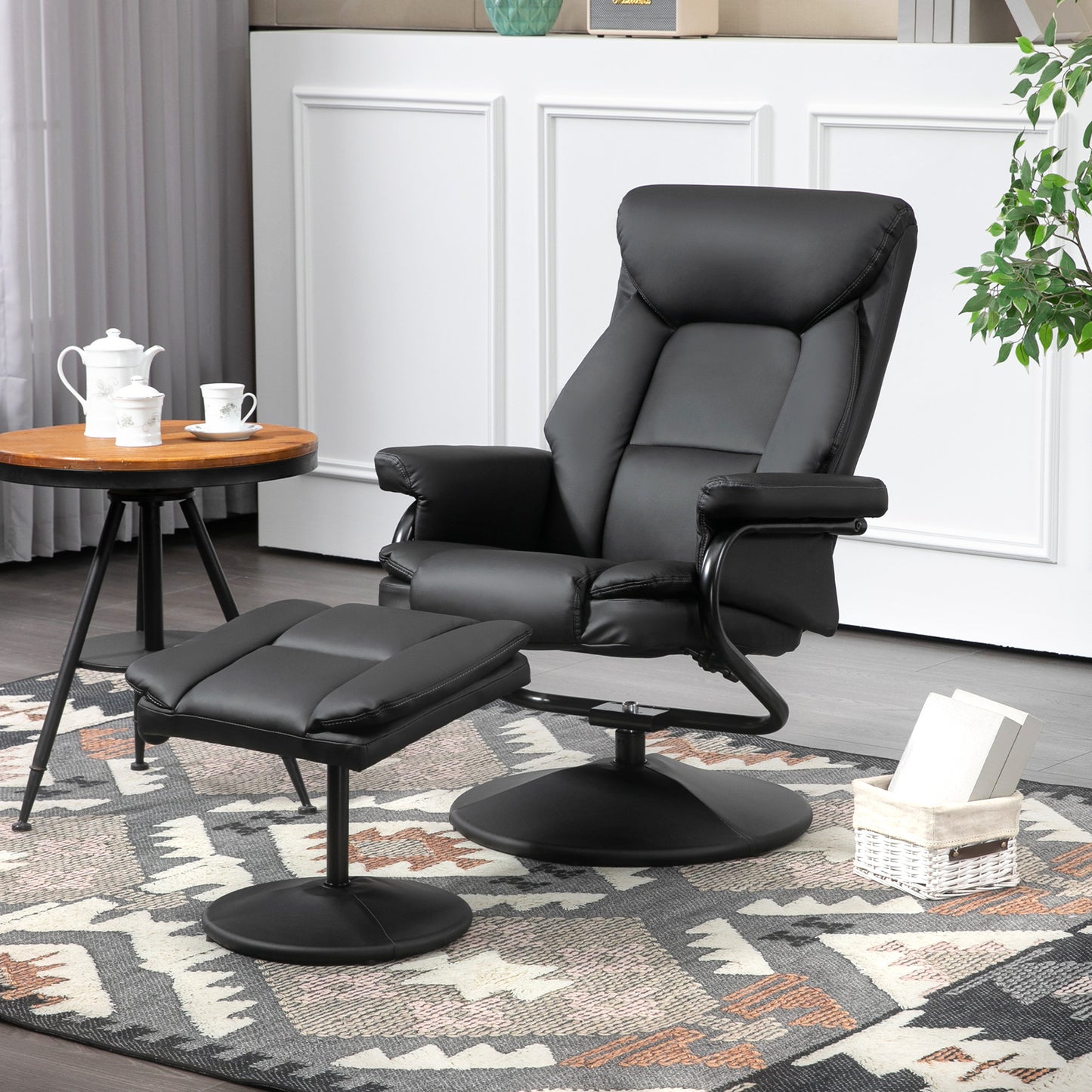 HOMCOM Swivel Recliner Chair with Footstool, PU Leather Recliner Armchair with Ottoman, Steel Base, Upholstered Reclining Chair for Living Room, Bedroom, Office, Black