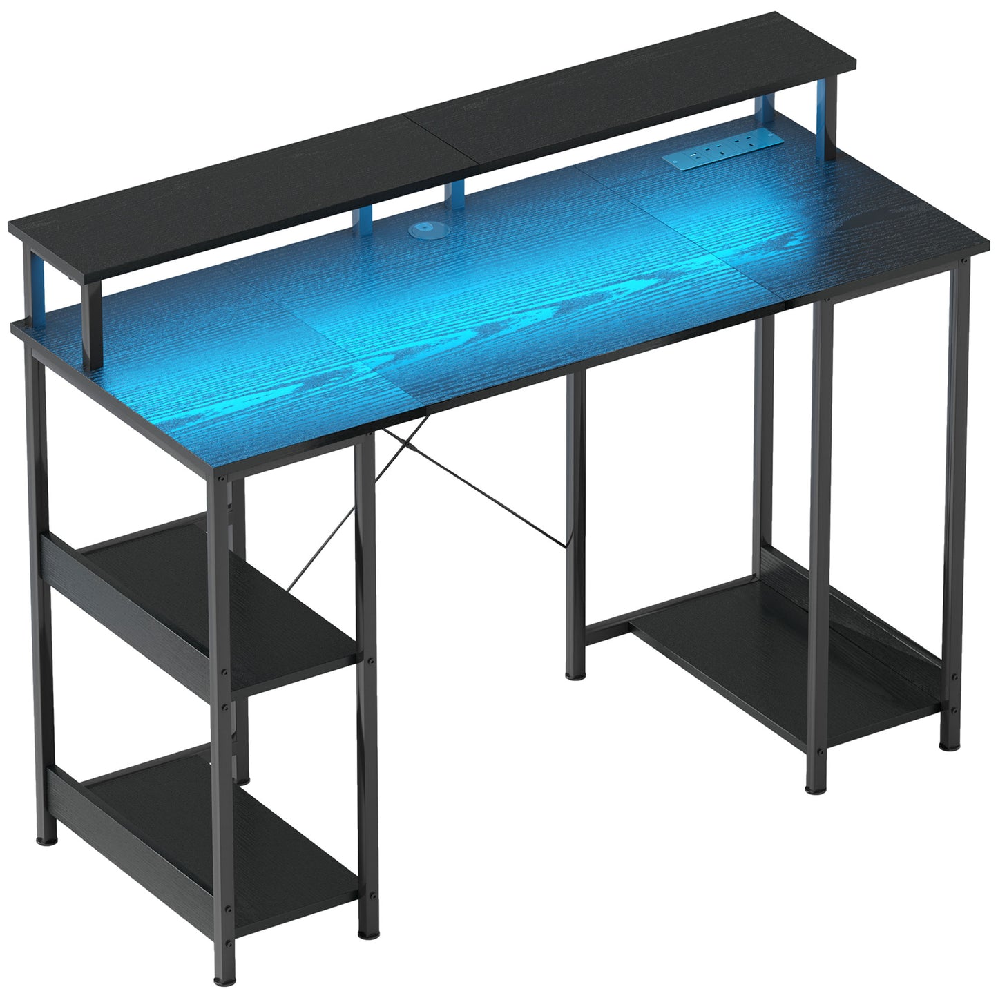 HOMCOM LED Computer Desk, with Power Outlets and Shelves - Black Default Title