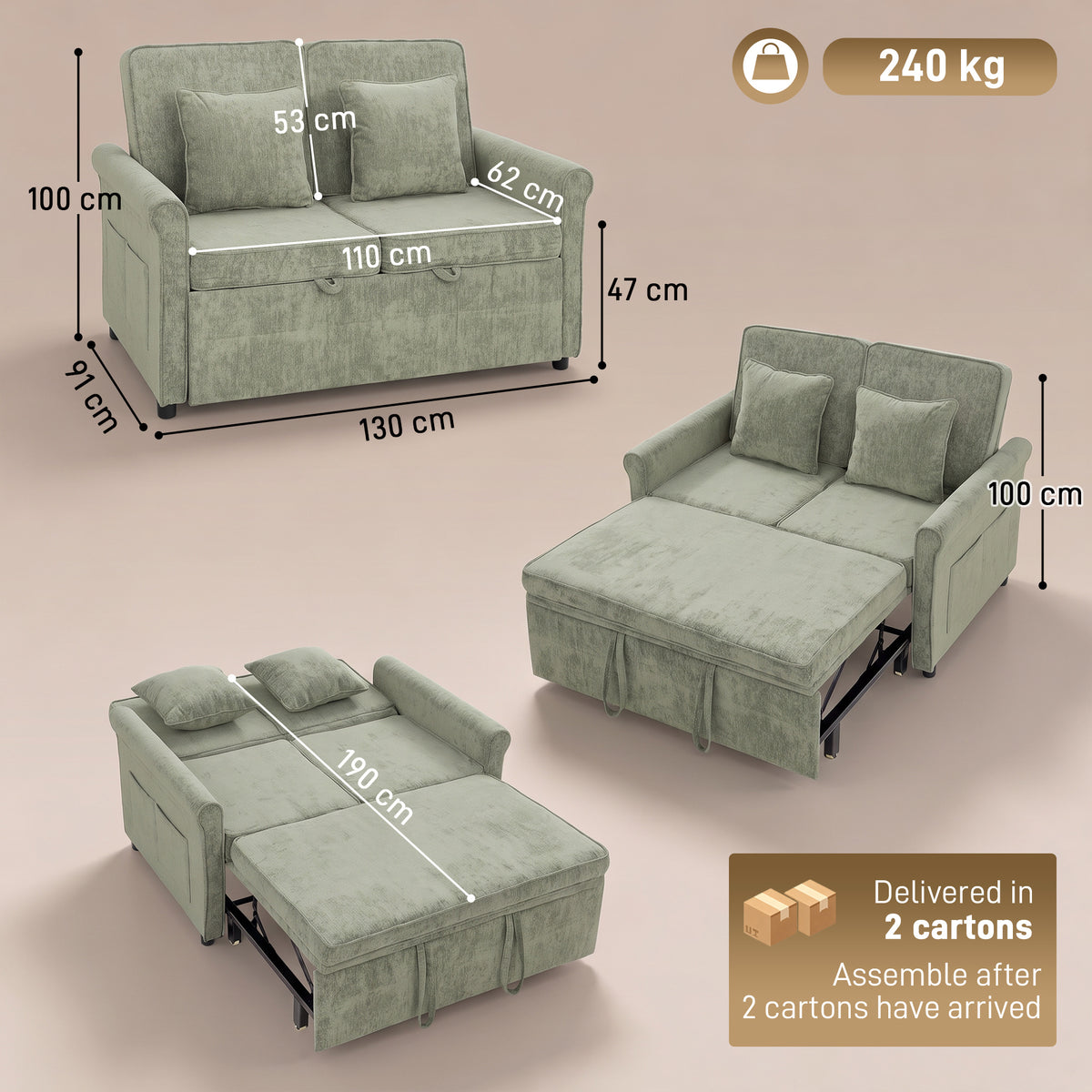 HOMCOM 2 Seater Sofa Bed 3-in-1 Convertible Chenille Pull Out Sleeper Sofa with 5-Position Adjustable Backrest, Light Green
