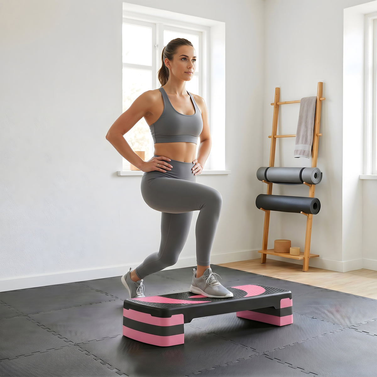 HOMCOM Aerobic Step with 3-Level Adjustable Heights for Home, Office Exercise, Black and Pink