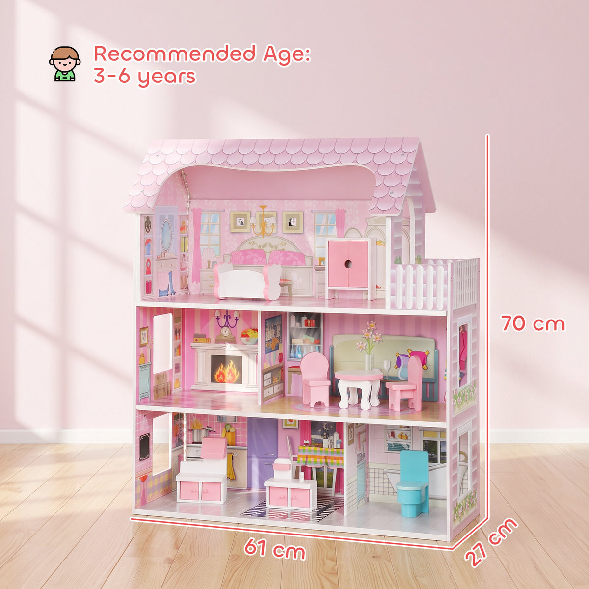 AIYAPLAY Dolls House, 6 Rooms Modern Dollhouse with LED Lights, 8 Furniture Pieces, 3-Level Playhouse Gift for Kids 3-6 Years
