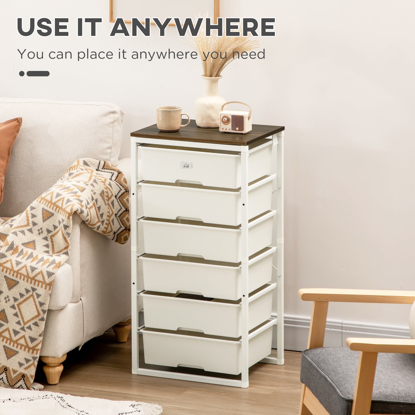 HOMCOM Bedroom Chest of Drawers, 6-Drawer Dresser, Tall Storage Drawer Unit with Steel Frame for Living Room, White