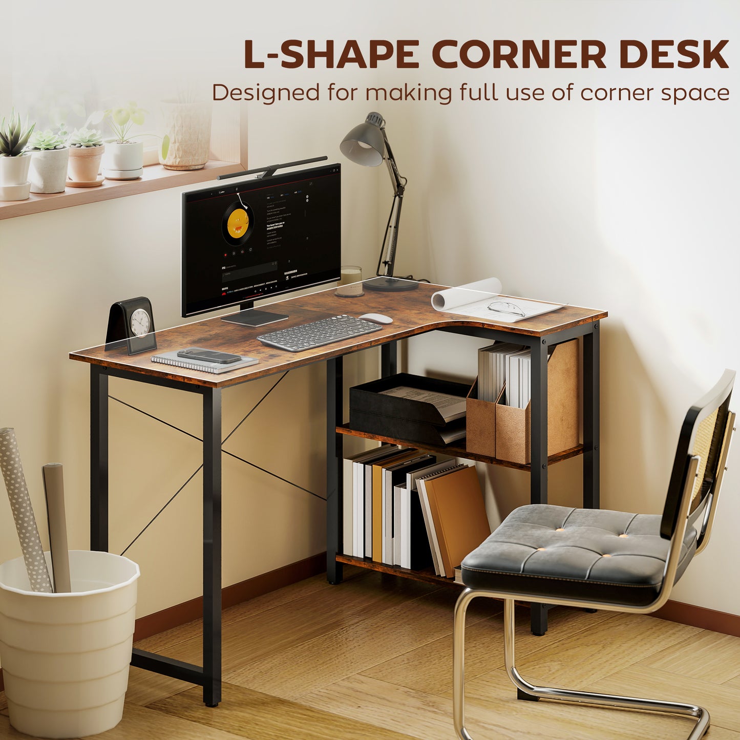 HOMCOM L Shaped Desk, Corner Computer Desk with Bookshelf for Home Office, Study Room, Workstation, 120 x 73.2 x 75cm, Rustic Brown