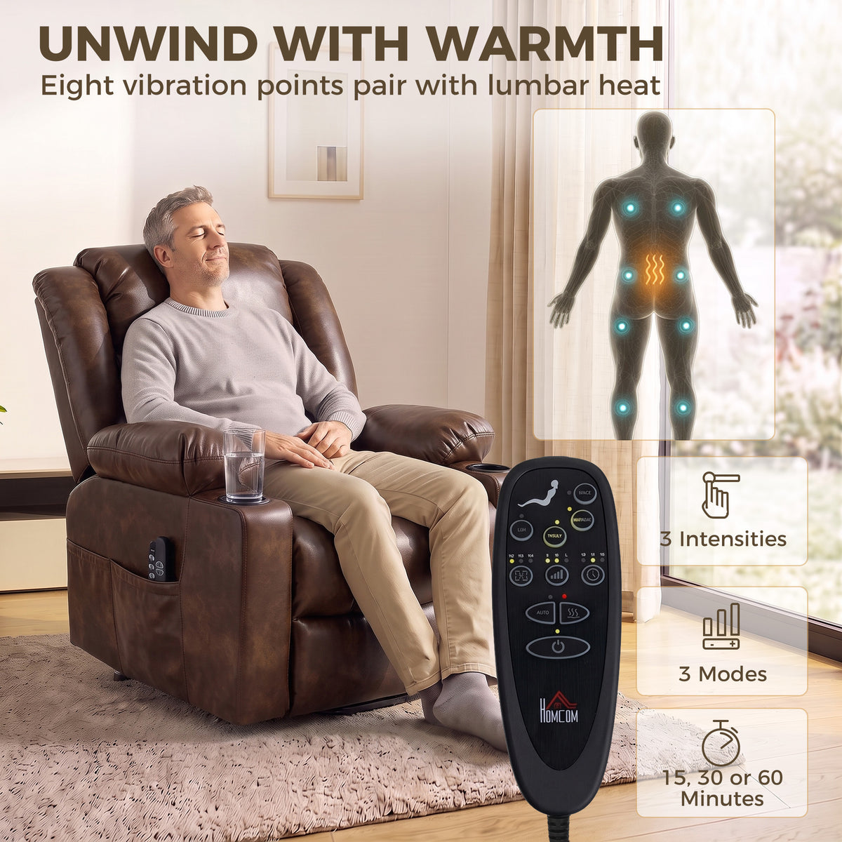 HOMCOM Riser Recliner Chair with Massage and Heat for Elderly, PU Leather Power Electric Lift Armchair, Cup Holders, Brown