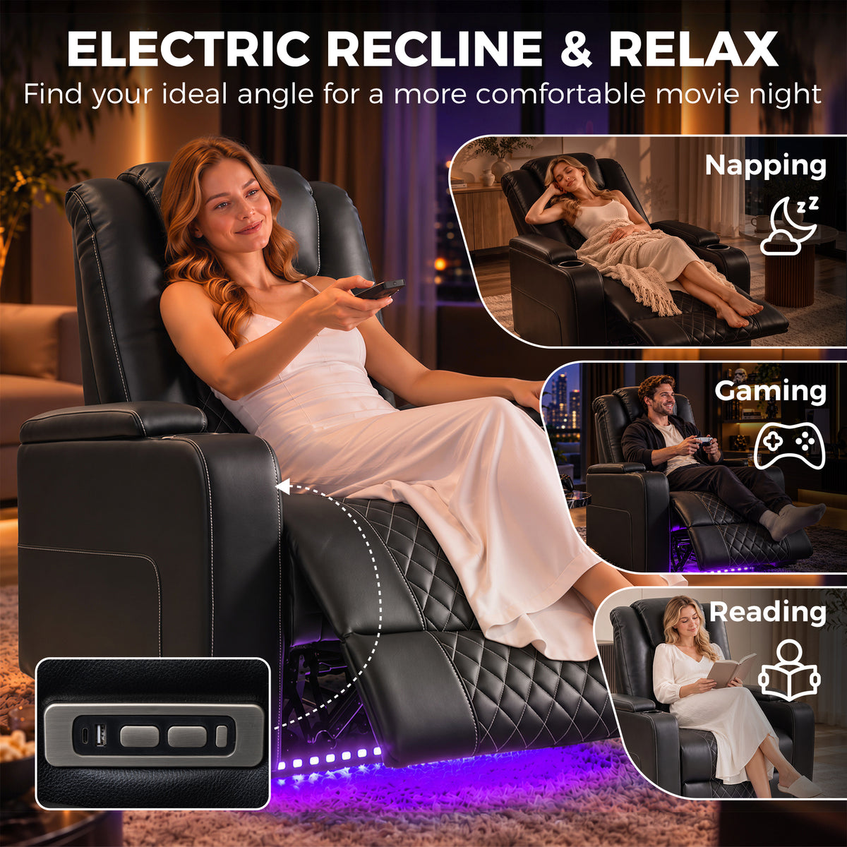 HOMCOM Electric Recliner Chair, Air Leather Recliner Armchair with LED Light, Wide Spring Cushion, USB-A and USB-C Ports, Black