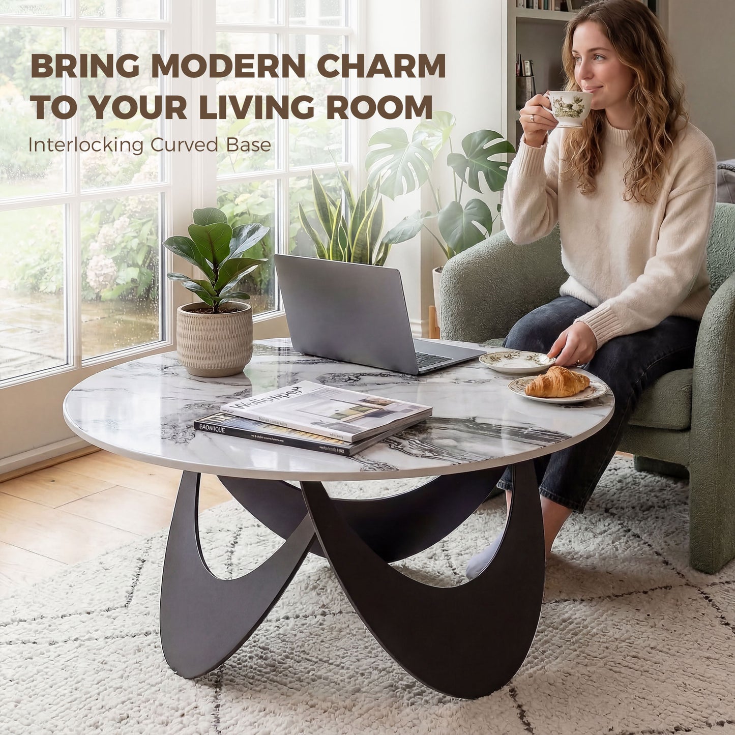HOMCOM Coffee Table Sintered Stone Top Adjustable Foot Pads Modern Centre Table for Living Room White and Black