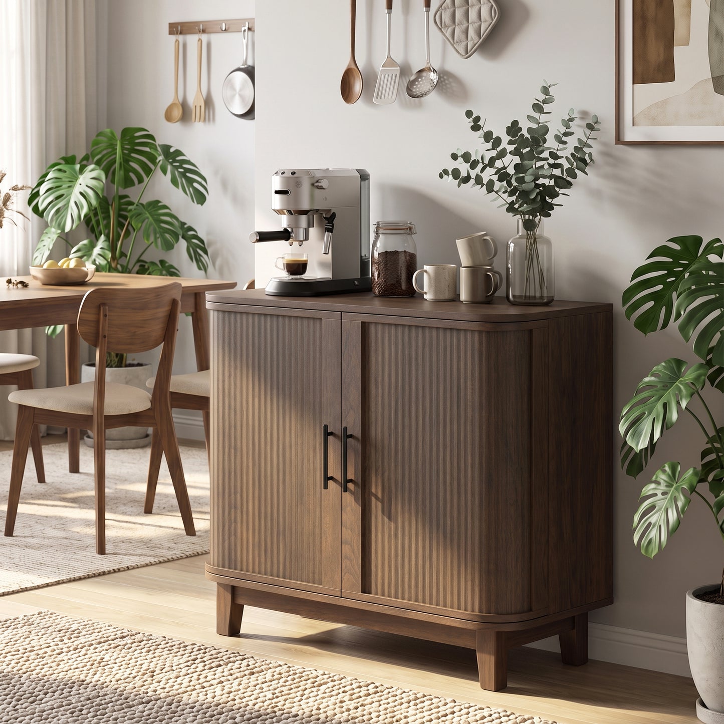 HOMCOM Sideboard Buffet Cabinet, Storage Cabinet with 2 Curved Doors, Adjustable Shelf and Legs for Dining Room, Dark Walnut