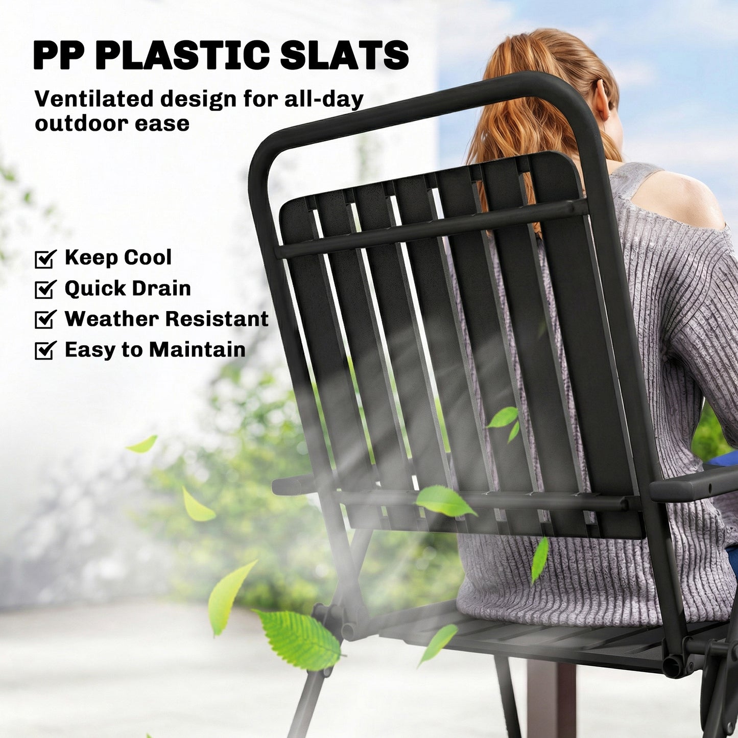 Outsunny Folding Garden Chairs, Garden Dining Chairs with Plastic Slatted Seat Back, Armrests, Steel Frame, Set of 4, Black