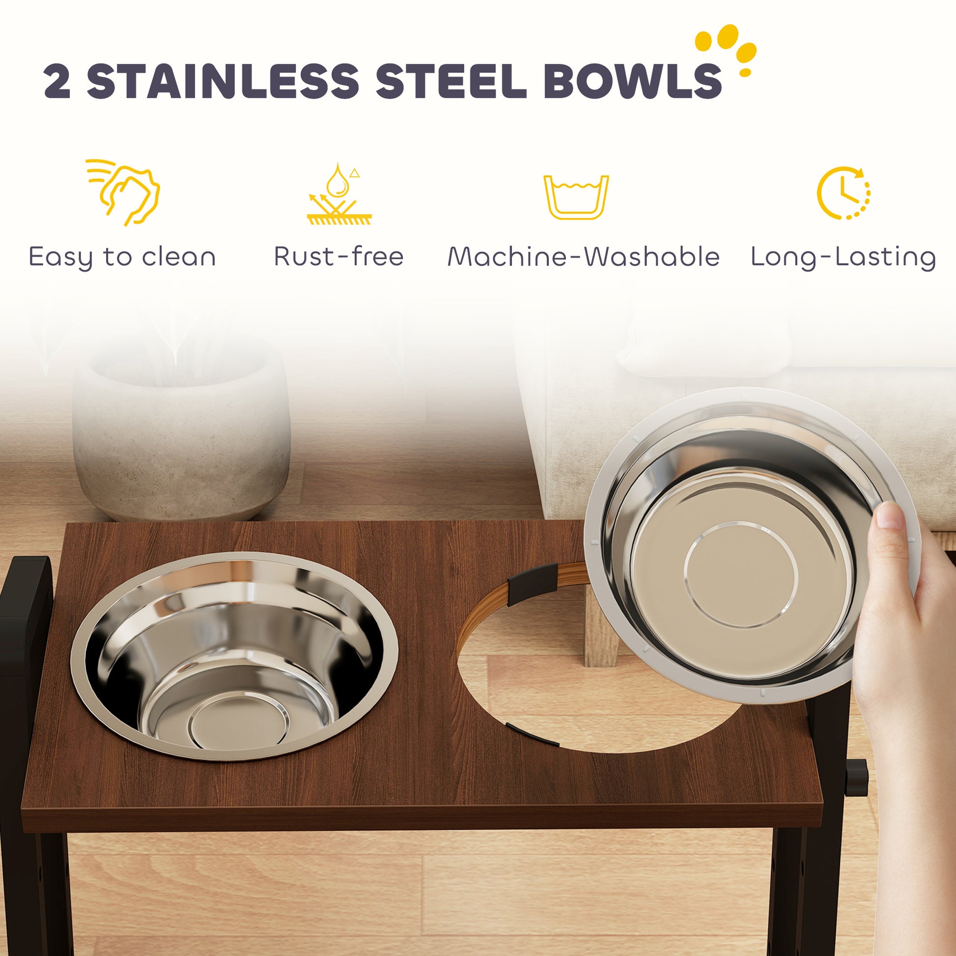 PawHut Raised Dog Bowls with Stand, 4 Heights Adjustable Pet Feeder with 3 Adjustable Angles for Small, Medium & Large Breeds, Brown