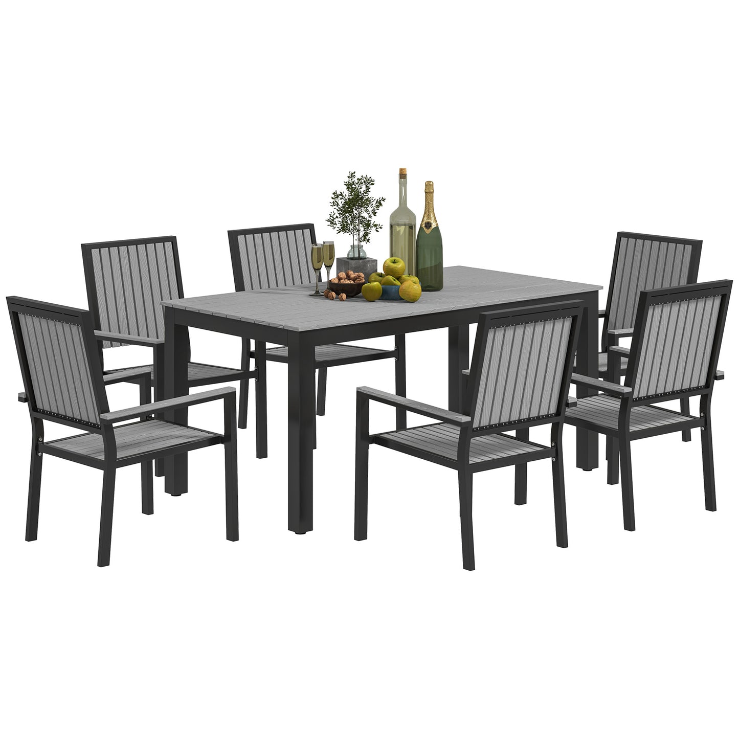 Outsunny 6 Seater Garden Dining Set with Stackable Chairs, Aluminium Frame, Rectangular Plastic Top, Garden Furniture Set, Outdoor Dining Table and Chairs for Patio, Balcony, Poolside, Grey Default Title