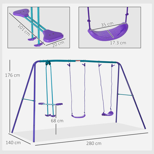 Outsunny Metal Swing Set, with Seesaw, Adjustable Height, for Ages 3+ Years, Purple