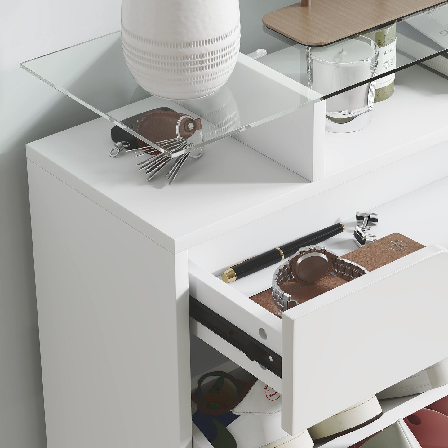 HOMCOM Shoe Storage Cabinet with Slide Out Drawer, 2 Flip Doors, Tempered Glass Top - White