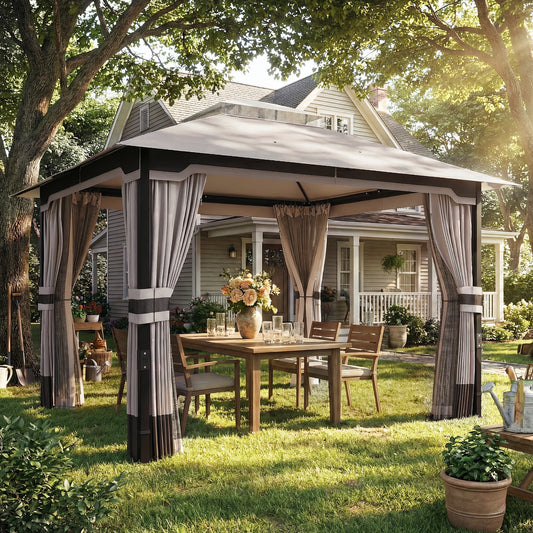 Outsunny 3 x 3.6 m Outdoor Garden Gazebo with Netting and Curtains, DoubleÂ Roof Patio Gazebo Permanent Pavilion, Khaki