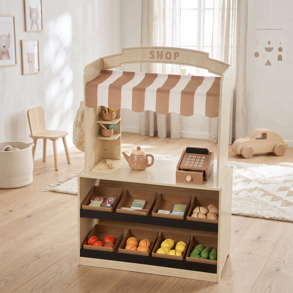 AIYAPLAY Pretend Play Shop, Wooden Kids Grocery Store Playset with Play Food, Cash Register, Chalkboard, 61 Accessories for 3-8
