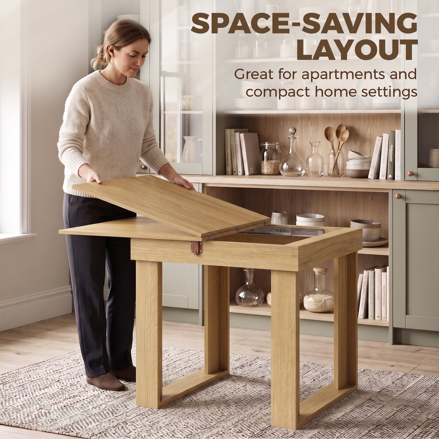 HOMCOM Folding Dining Table Under-Table Storage Extendable Kitchen Table Steel Rail Oak Effect