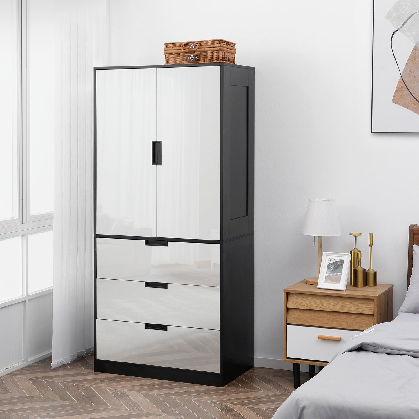 HOMCOM 2 Door Wardrobe, Modern Wardrobe with 3 Drawers and Hanging Rod for Bedroom, High Gloss White