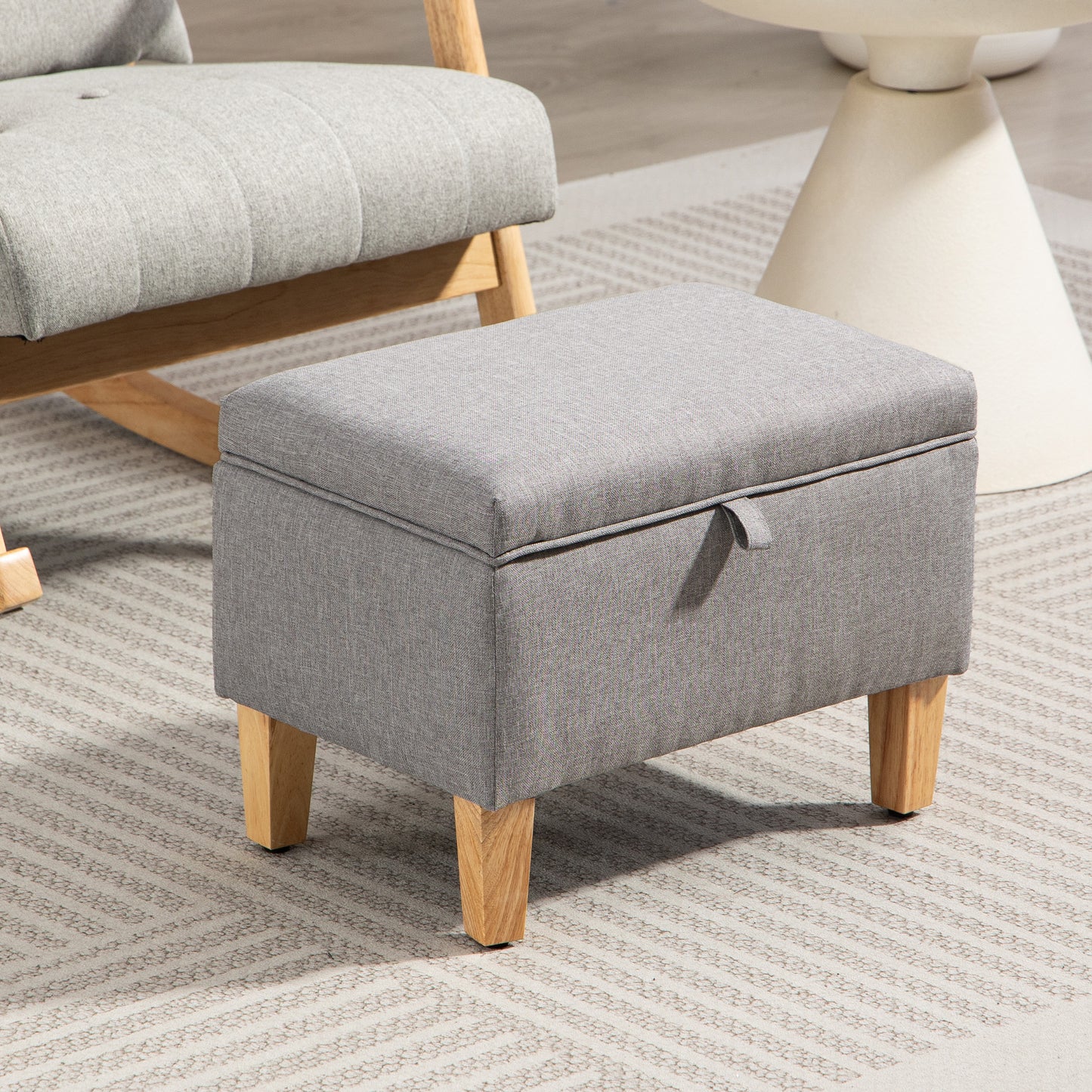 HOMCOM 16L Linen Storage Ottoman Padded Footstool with Rubberwood Legs for Storage Box, Bed End, Shoe Bench, Seating, Light Grey