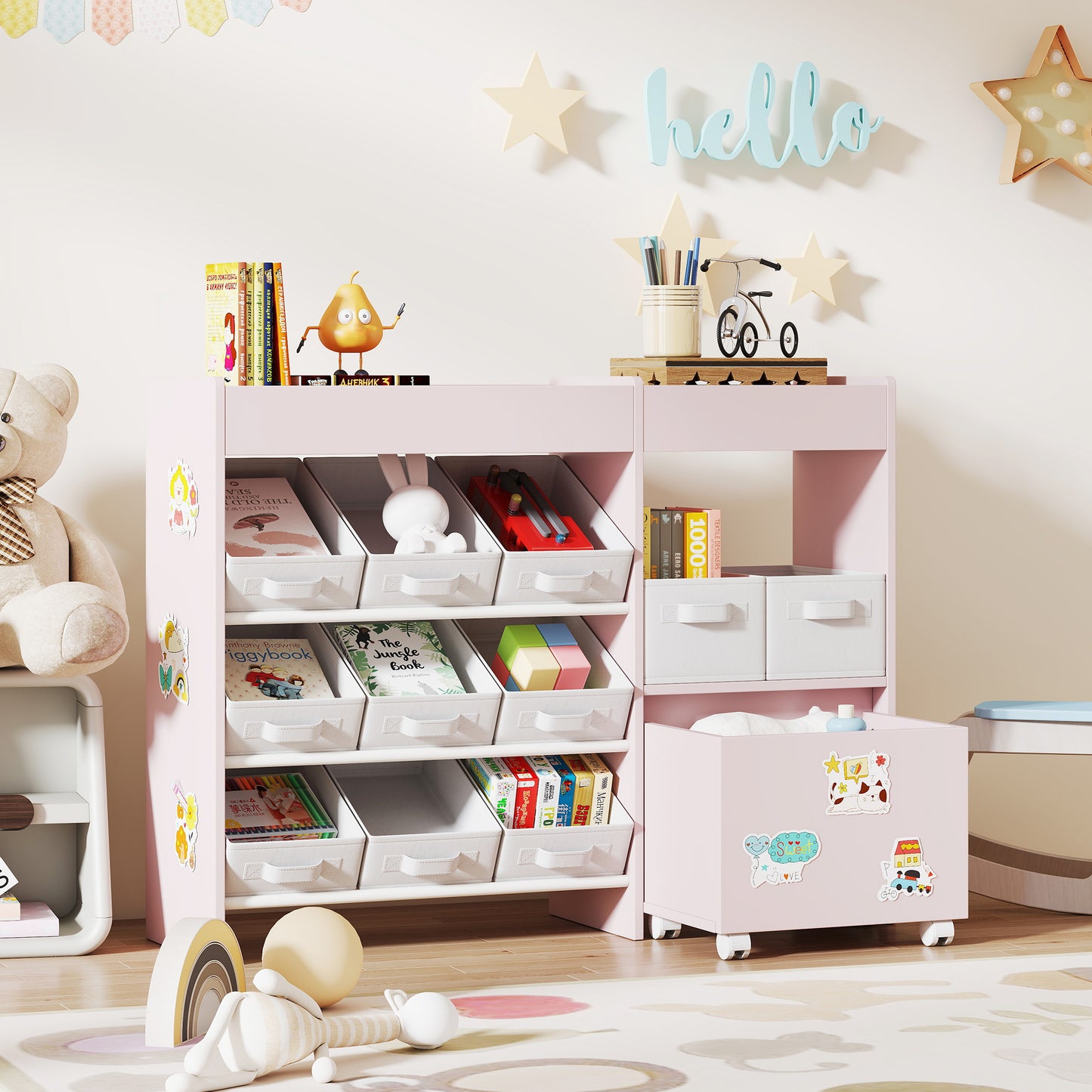 AIYAPLAY Kids Toy Storage Unit with 11 Bins, Cabinet, Top Shelves, 3 Stickers, for Nursery, Playroom, Pink