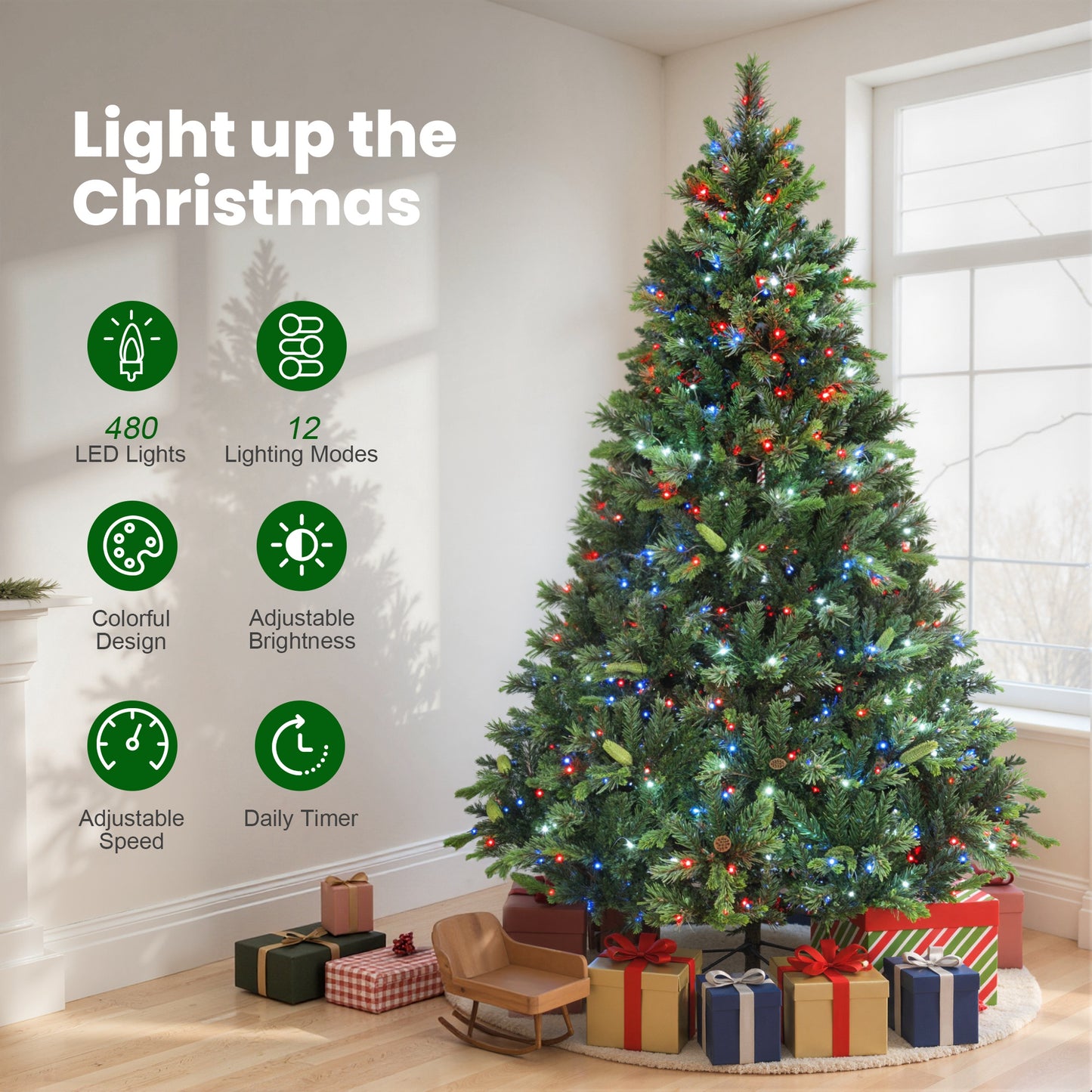 HOMCOM 7.5ft Carolina Pine Christmas Tree with Colourful DIY Synchronized LED Lights and Remote