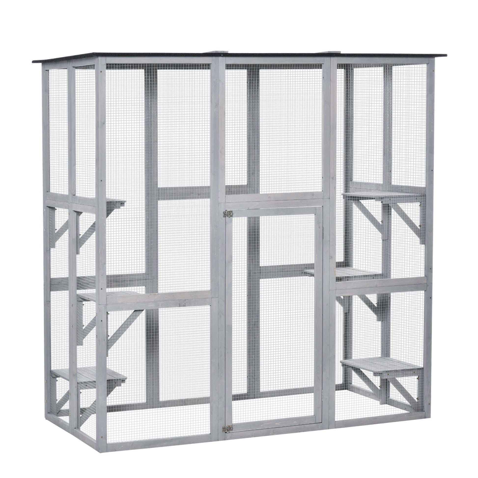 PawHut Wooden Catio Cat Outdoor Enclosure, Cat Cage with Waterproof Roof, Platforms, for Multiple Kittens, 180 x 98 x 180 cm Default Title