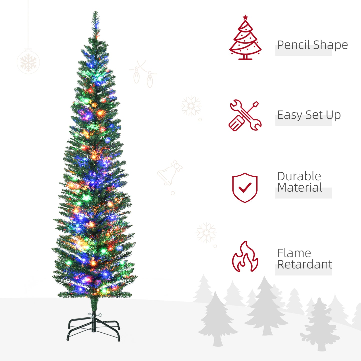 HOMCOM 6' Artificial Prelit Christmas Trees with Colourful LED Lights, Pencil Shape, Steel Base